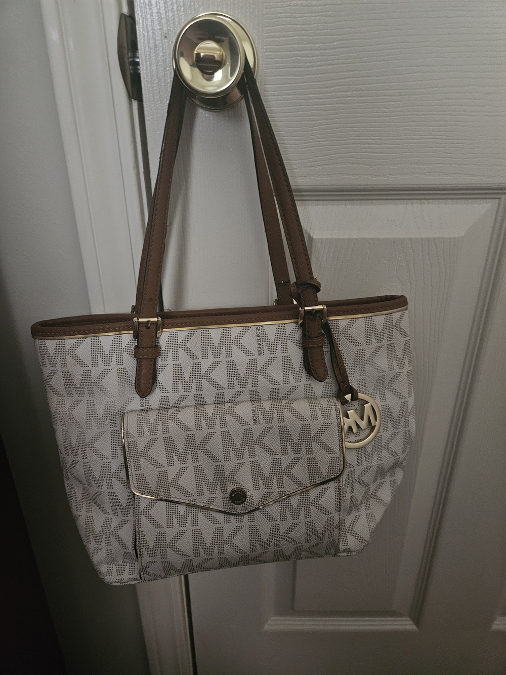 Michael Kors Cream & Brown Monogram Tote with Gold Charm